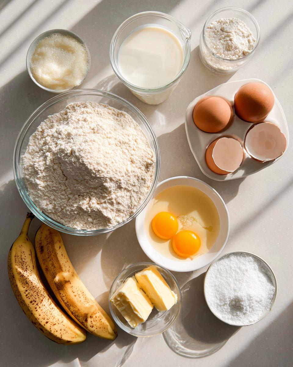 Overhead view of ingredients for banana pancakes: bananas, flour, eggs, milk, butter, and sugar.