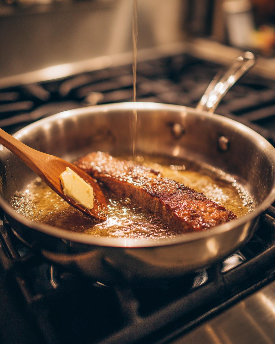 A seasoned pork loin roast is being seared in a hot pan while butter is added via a wooden spoon.