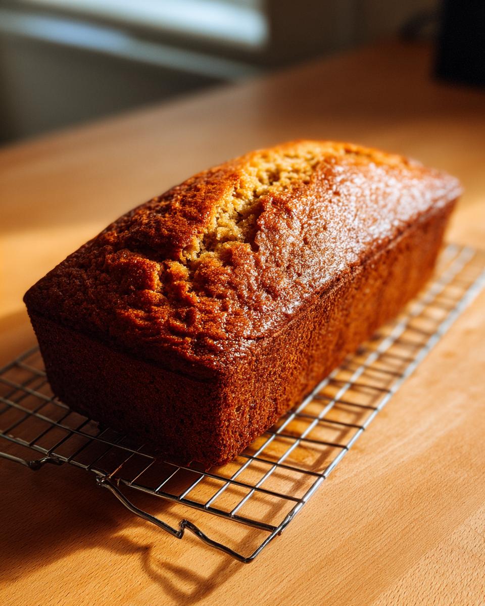 A golden-brown, moist loaf of the best banana bread cooling on a wire rack in warm sunlight.