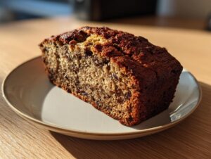 A close-up of a thick slice of the best banana bread, featuring a dark, caramelized crust and moist interior, resting on a small plate.