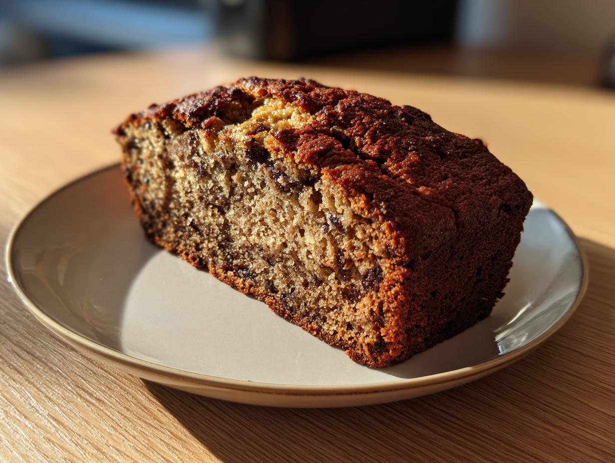 A close-up of a thick slice of the best banana bread, featuring a dark, caramelized crust and moist interior, resting on a small plate.