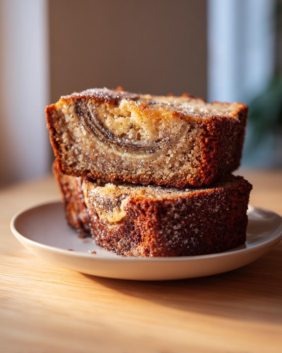 Two stacked slices of moist banana bread, topped with sparkling sugar, ready to eat.
