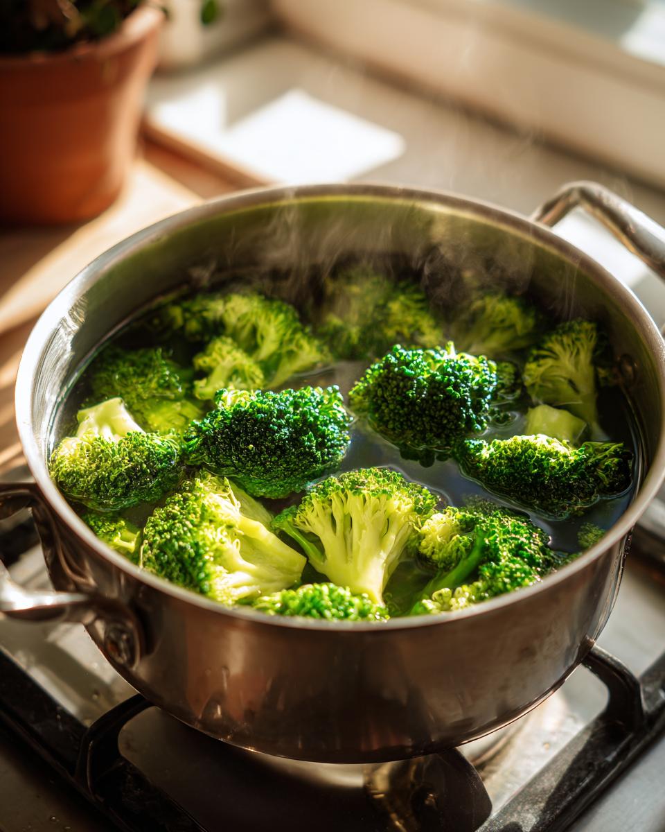 Broccoli florets boiling in a stainless steel pot on a stovetop, steaming slightly.