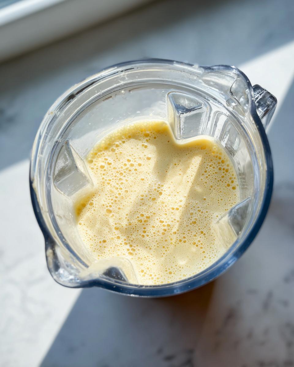 Overhead view of a blender pitcher containing a frothy, yellow liquid mixture ready to make egg bites.