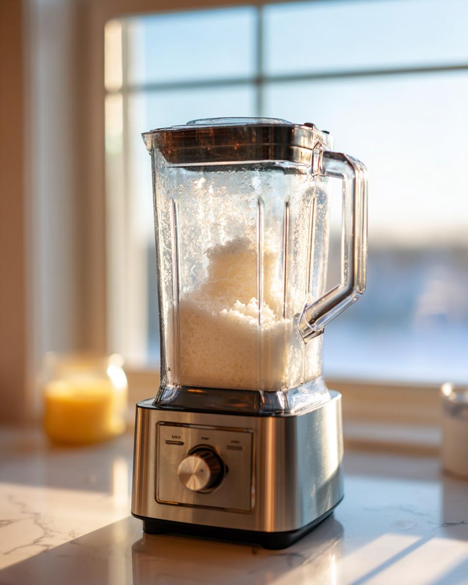 A blender filled with crushed ice, ready to make a white Christmas margarita, set against a bright window.