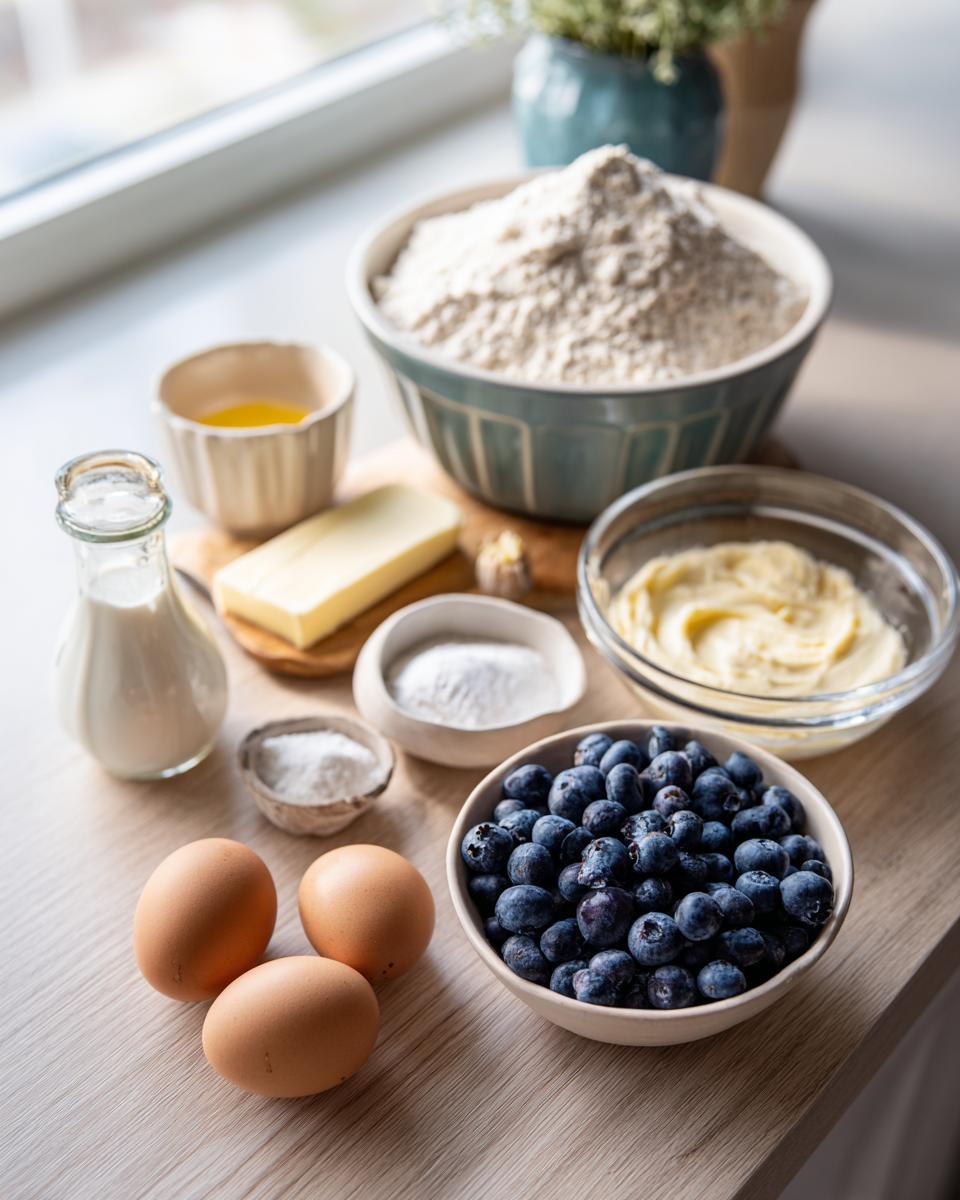 Various ingredients laid out for baking blueberry banana bread, including fresh blueberries, eggs, flour, and butter.