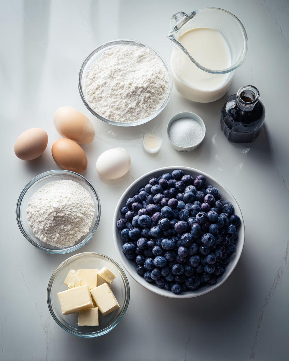 Overhead view of ingredients laid out for blueberry muffin batter, including flour, eggs, butter, milk, and fresh blueberries.