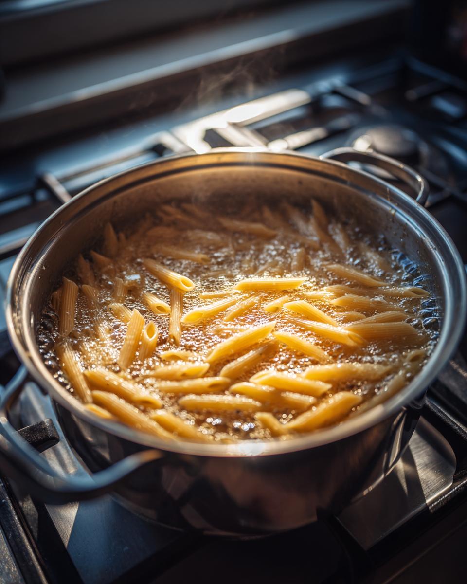 Penne pasta boiling vigorously in a stainless steel pot on a stovetop while preparing creamy pesto pasta.