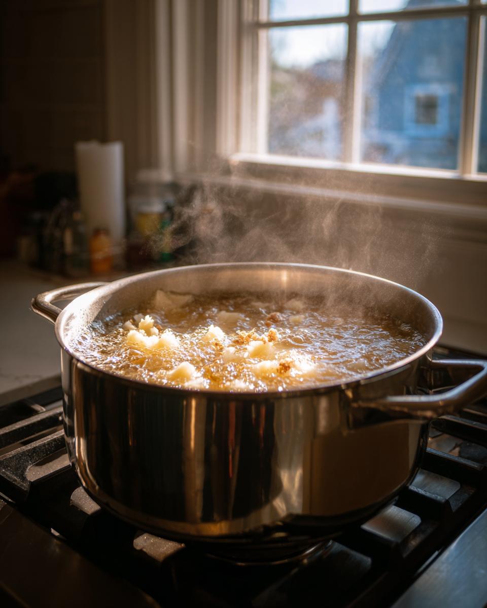 Close-up of chunks of sweet potato boiling vigorously in a stainless steel pot on a stovetop while making southern sweet potato casserole.