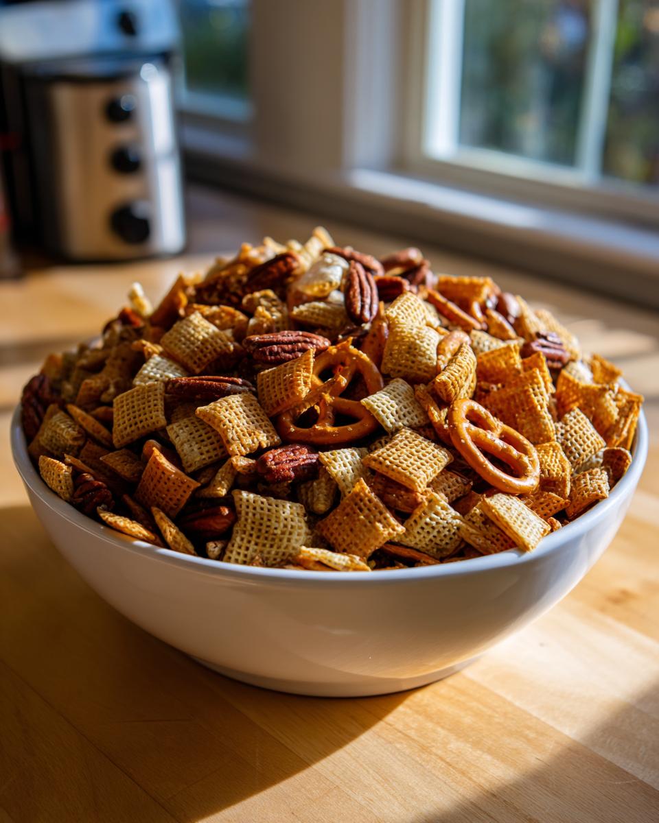 A large white bowl overflowing with homemade chex party mix, featuring cereal squares, pretzels, and whole pecans.
