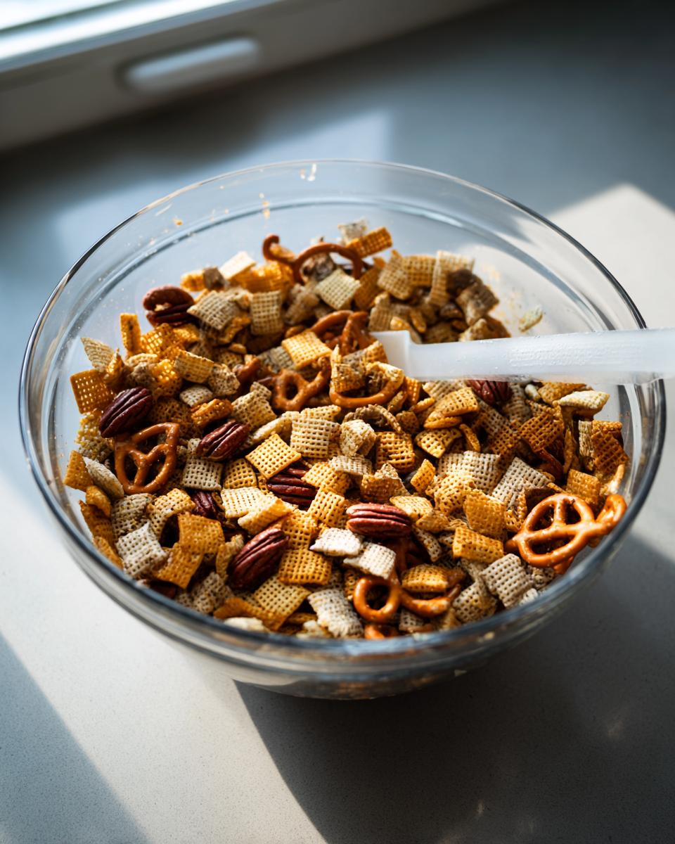A clear glass bowl filled with seasoned chex party mix, including cereal squares, pretzels, and pecans, ready to serve.