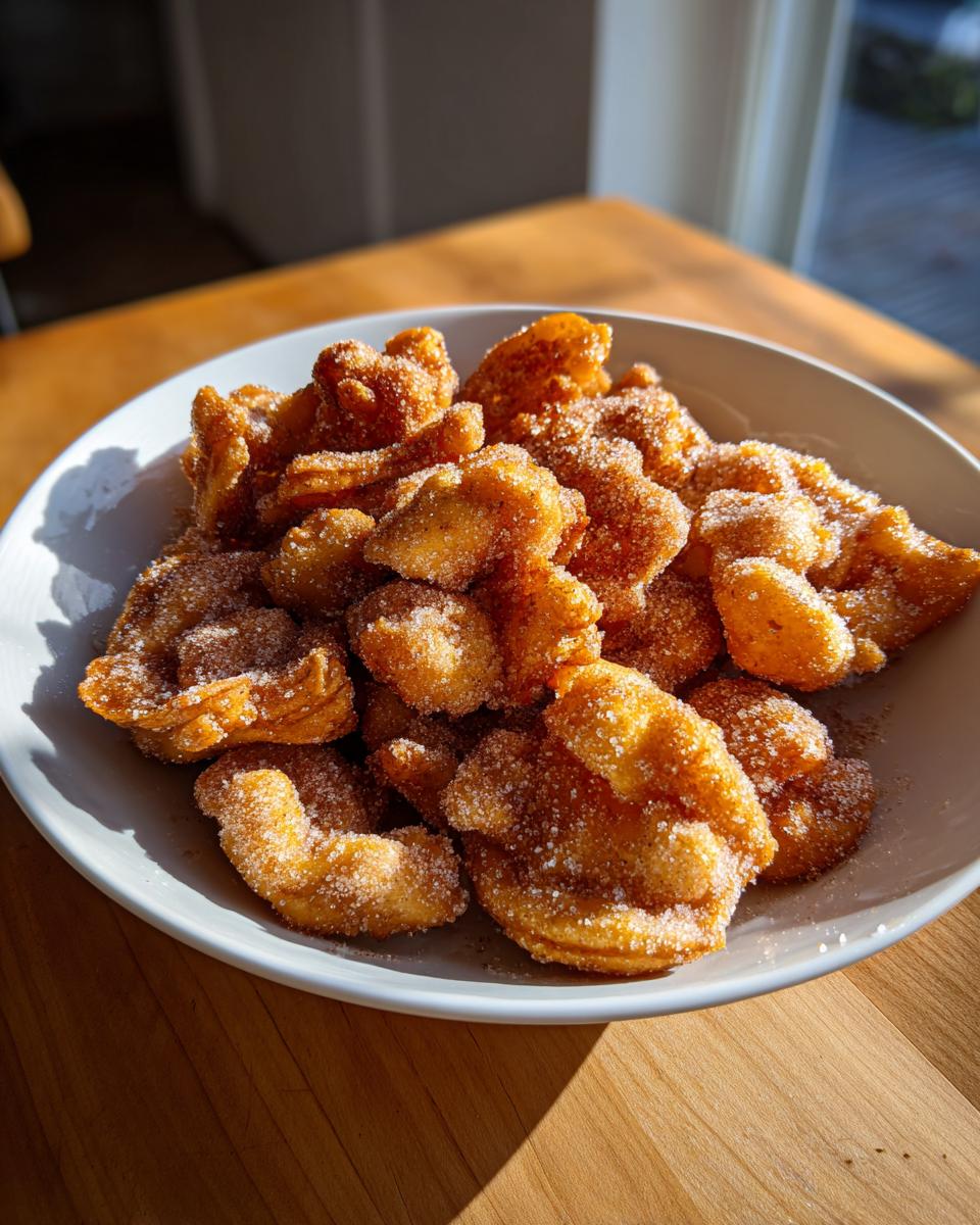 A white bowl filled with freshly fried, golden brown buñuelos generously coated in granulated sugar.