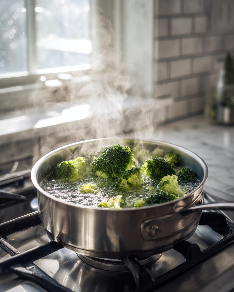 Broccoli florets boiling vigorously in a stainless steel pot on a gas stove, preparing an ingredient for Chicken Divan.
