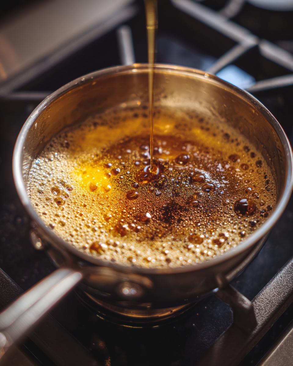 Close-up of brown butter bubbling in a saucepan, likely the secret ingredient for amazing pumpkin waffles.