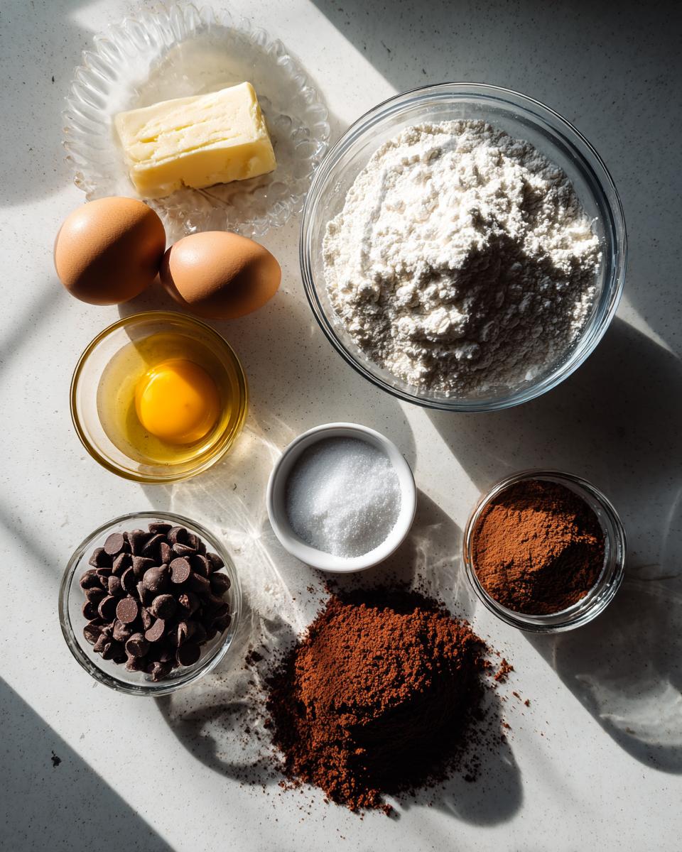 Overhead view of ingredients laid out for brownie cookies, including flour, butter, eggs, sugar, cocoa powder, and chocolate chips.