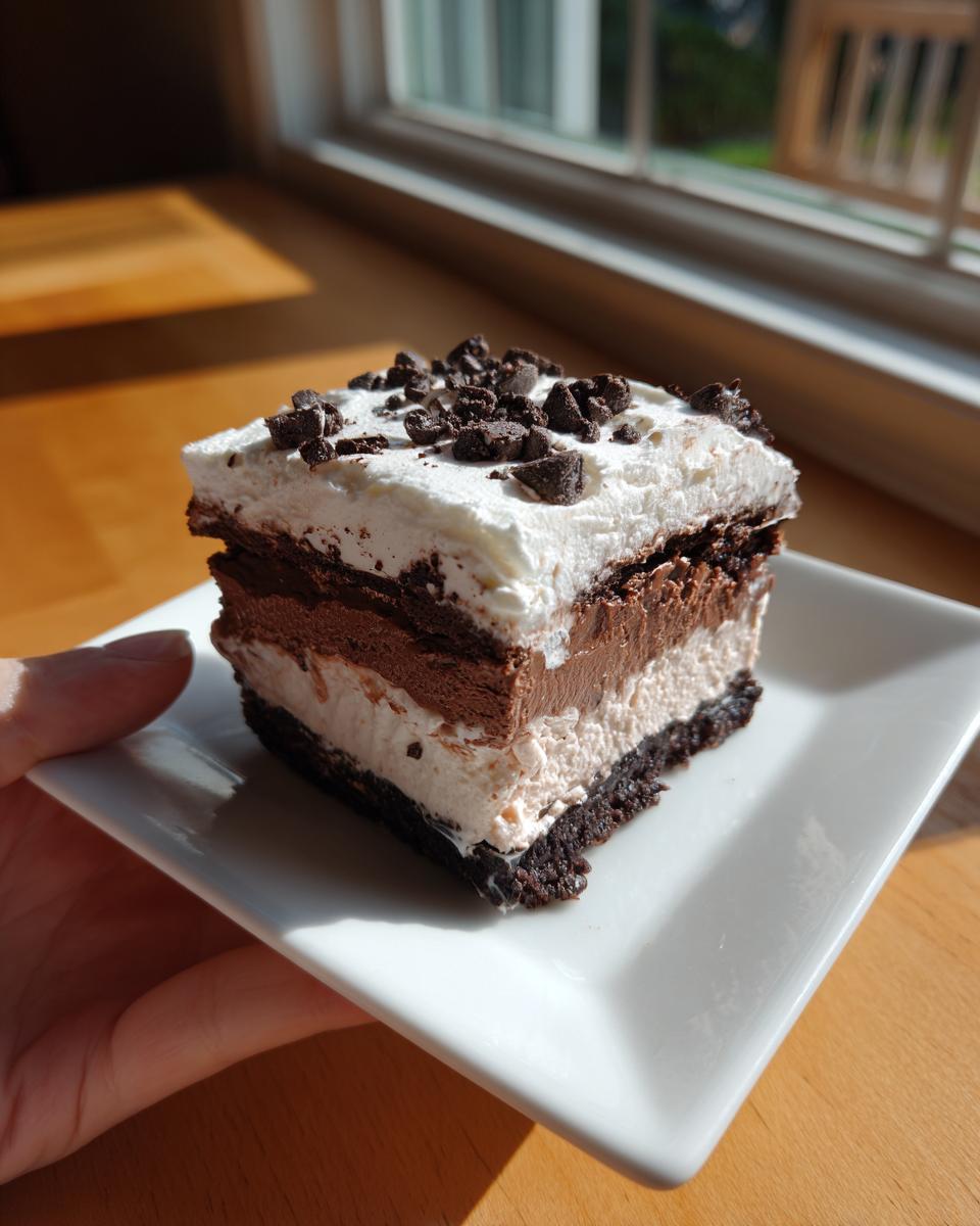 A square slice of multi-layered brownie refrigerator cake topped with whipped cream and chocolate crumbs.
