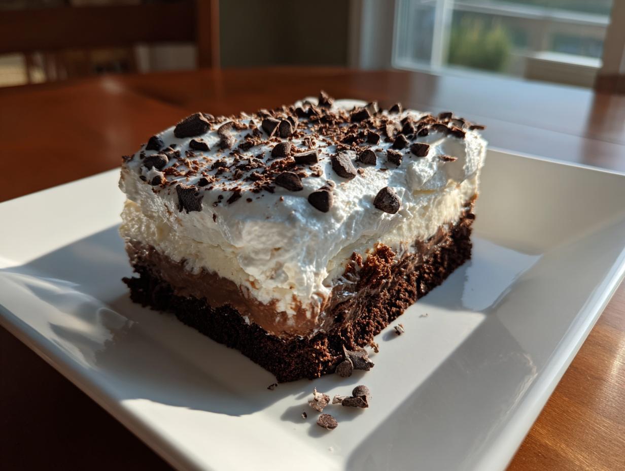 A decadent slice of brownie refrigerator cake featuring a dark chocolate base, creamy filling, and whipped topping sprinkled with chocolate shavings.