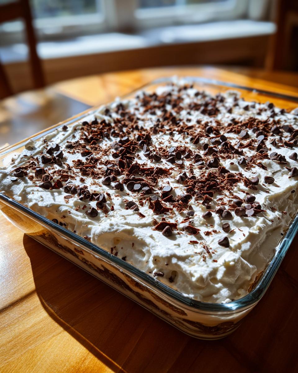 A full glass dish of brownie refrigerator cake topped with whipped cream and chocolate shavings/chips.