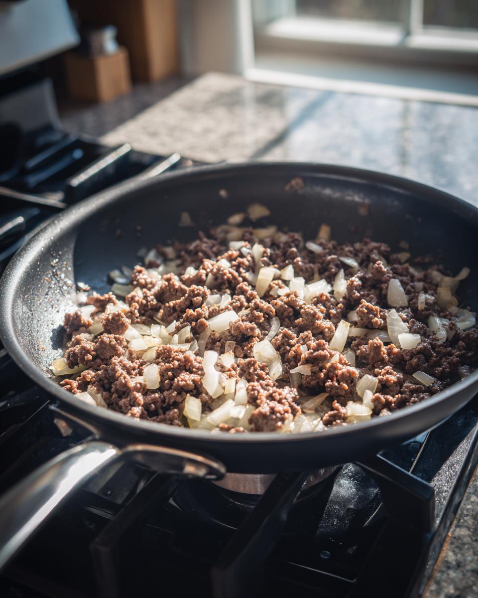 Ground beef and chopped onions browning together in a skillet on the stovetop, a key step for tater tot casserole.
