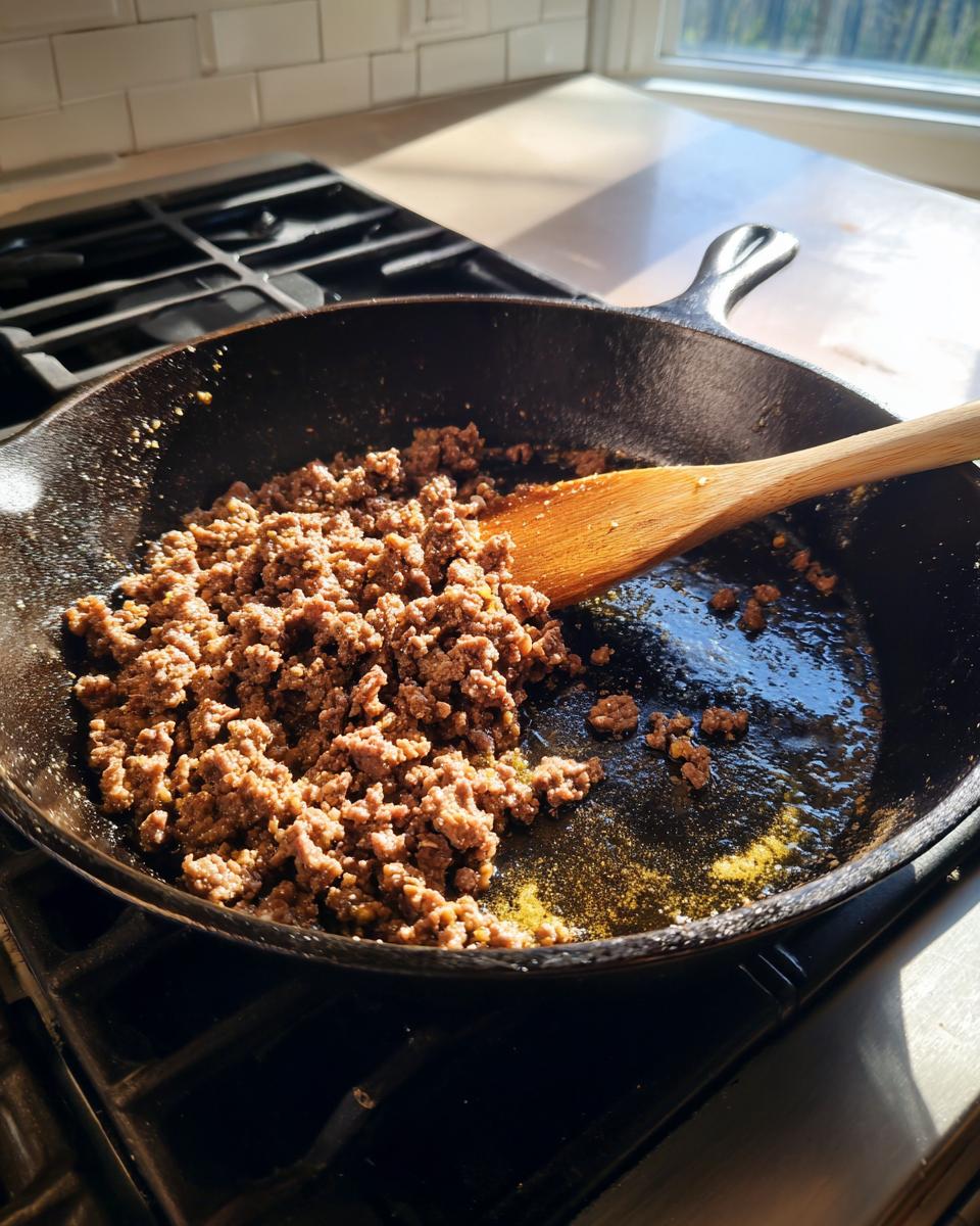 Ground beef being browned in a cast iron skillet while making a cheeseburger bowl recipe.