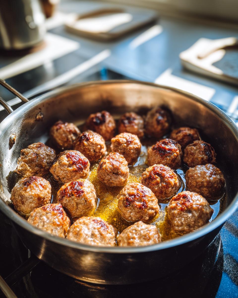 Close-up of browned meatballs searing in oil in a stainless steel skillet, ready for albondigas soup.