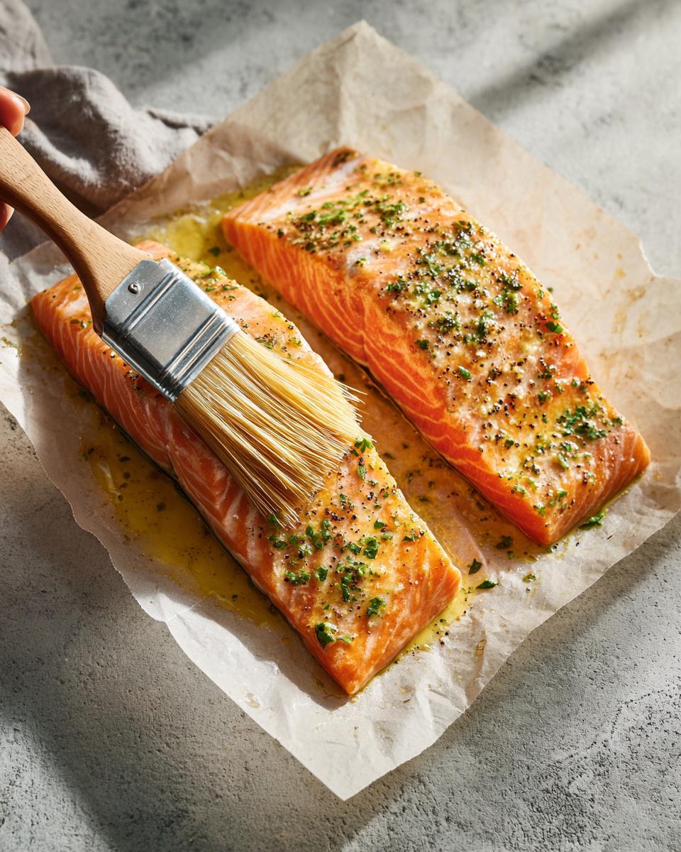 Close-up of two raw salmon fillets being brushed with oil and herbs before cooking air fryer salmon.