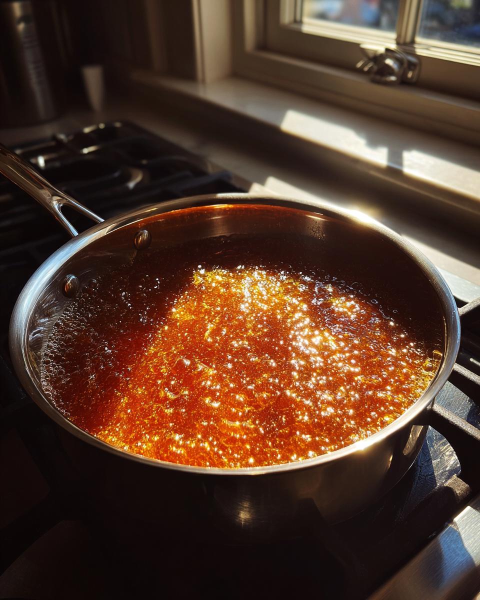 Close-up of bubbling, amber-colored toffee mixture cooking in a stainless steel pan on a stovetop, essential for making toffee pretzels.