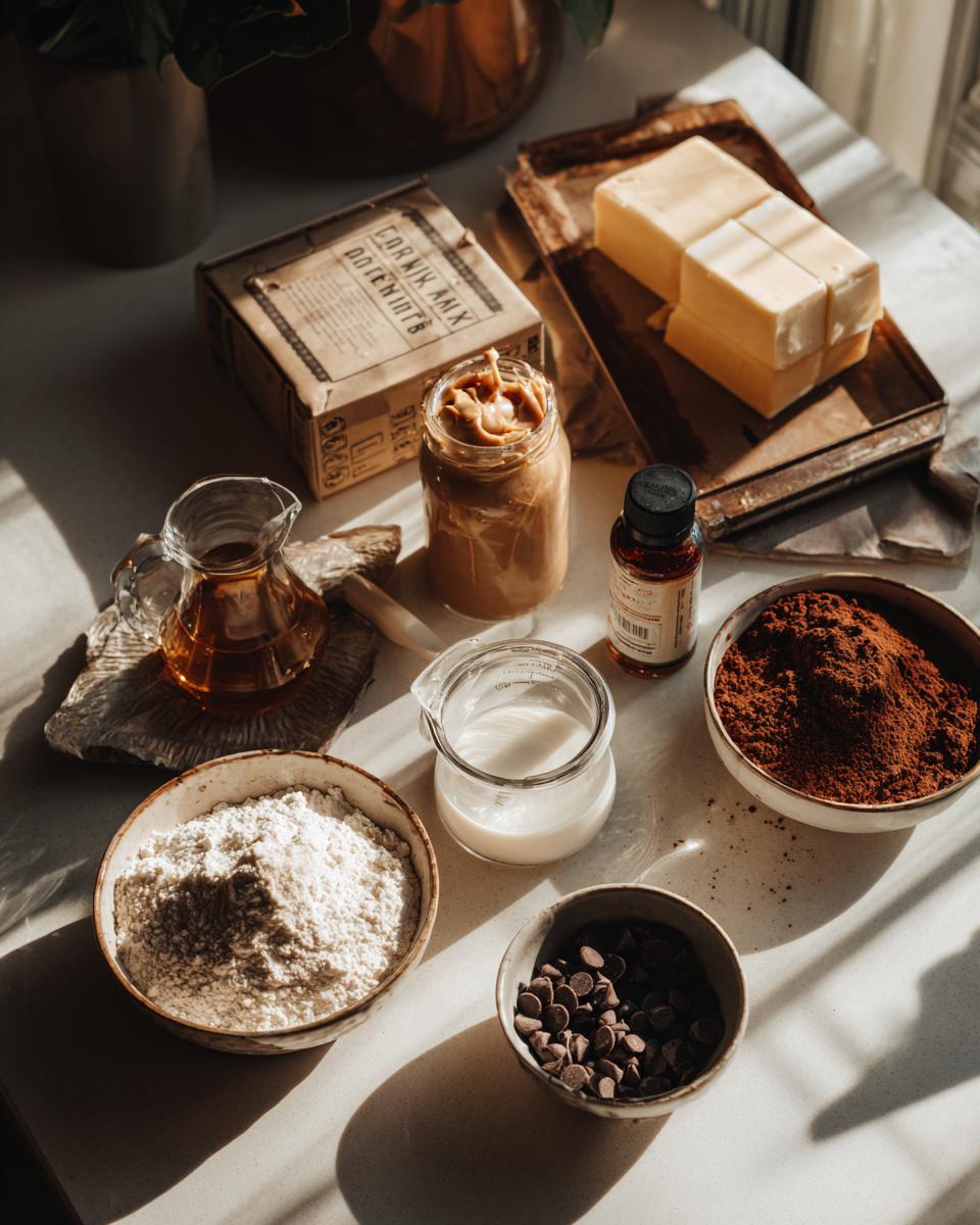 Overhead flat lay of ingredients needed for buckeye brownies, including peanut butter, cocoa powder, flour, butter, and chocolate chips.