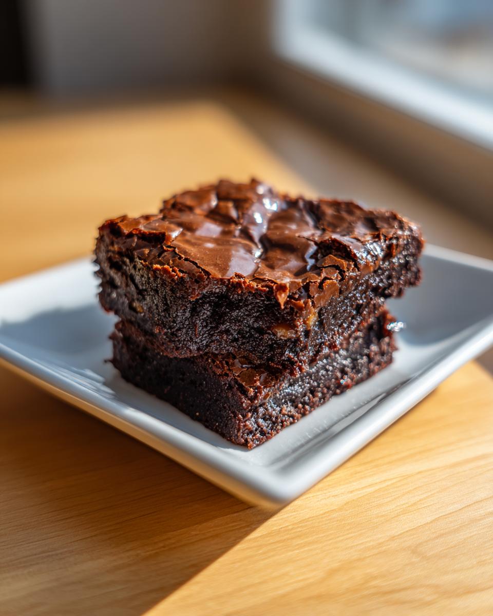Two fudgy, decadent buckeye brownies stacked on a small white square plate, highlighted by natural light.