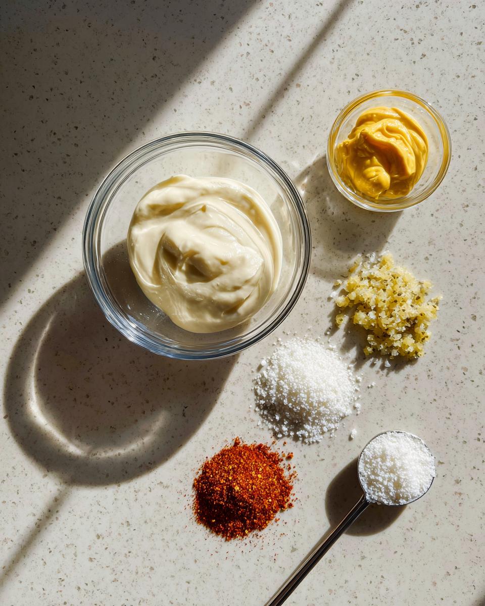 Ingredients laid out for burger sauce, including mayonnaise, mustard, spices, and minced garlic.