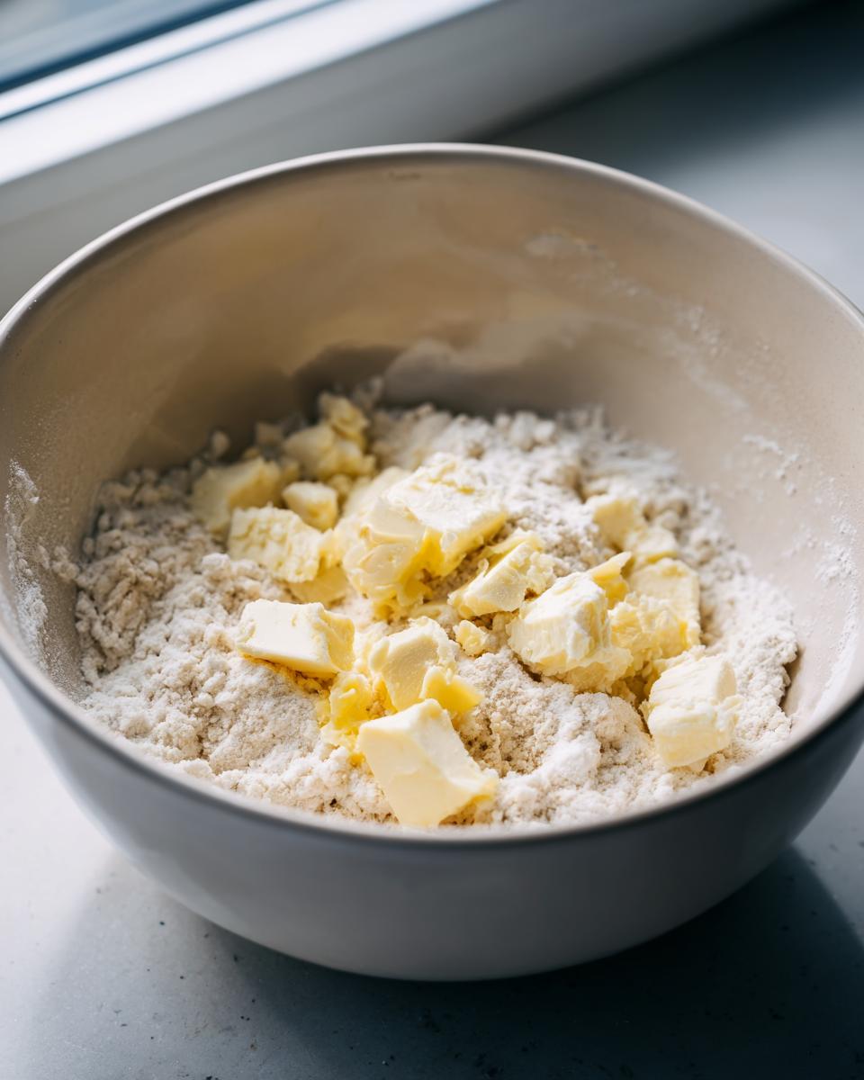 Close-up of cold butter cubes mixed into flour for the apple cobbler recipe topping.