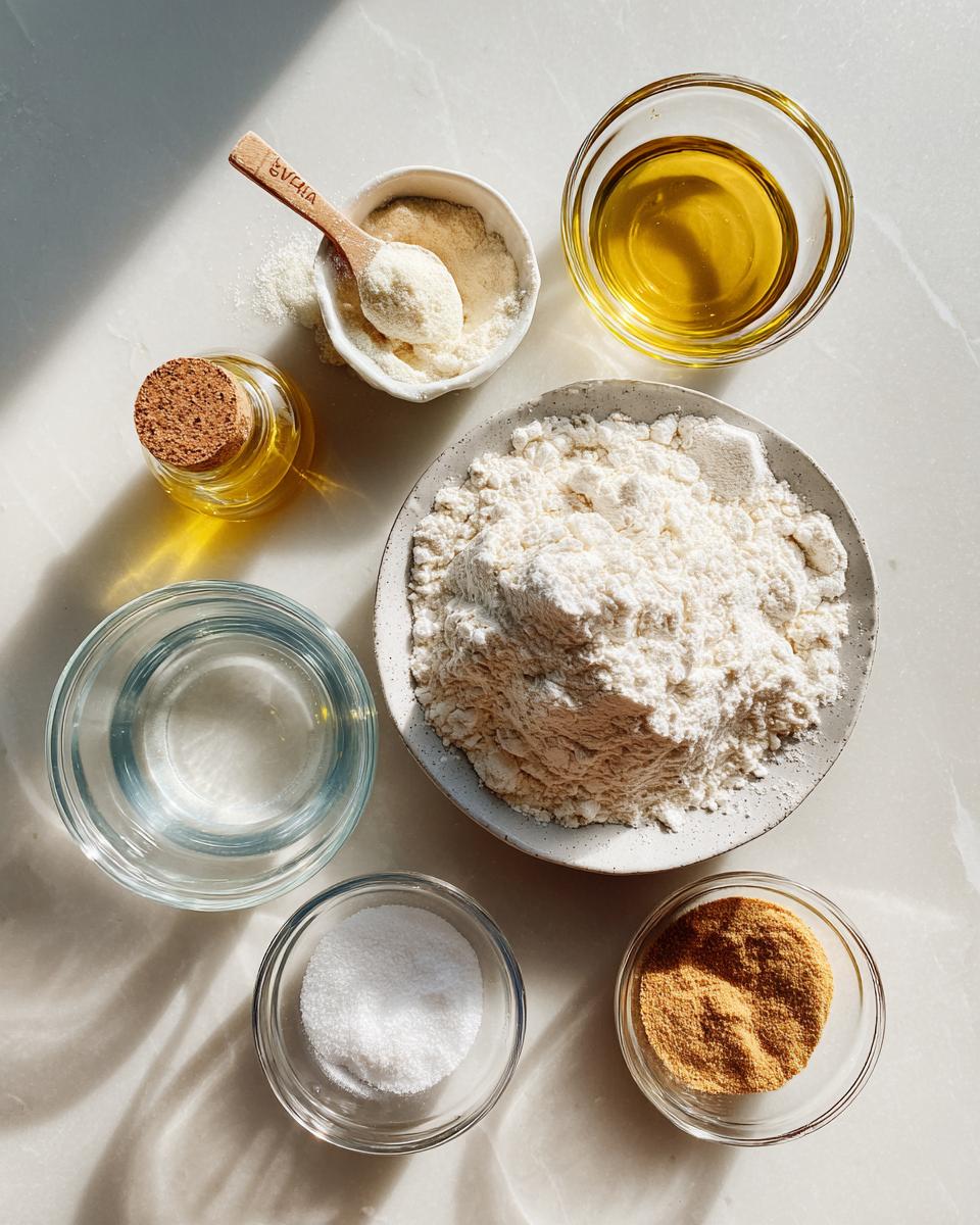 Overhead view of various ingredients, including flour, oil, water, sugar, and spices, needed to make buñuelos.