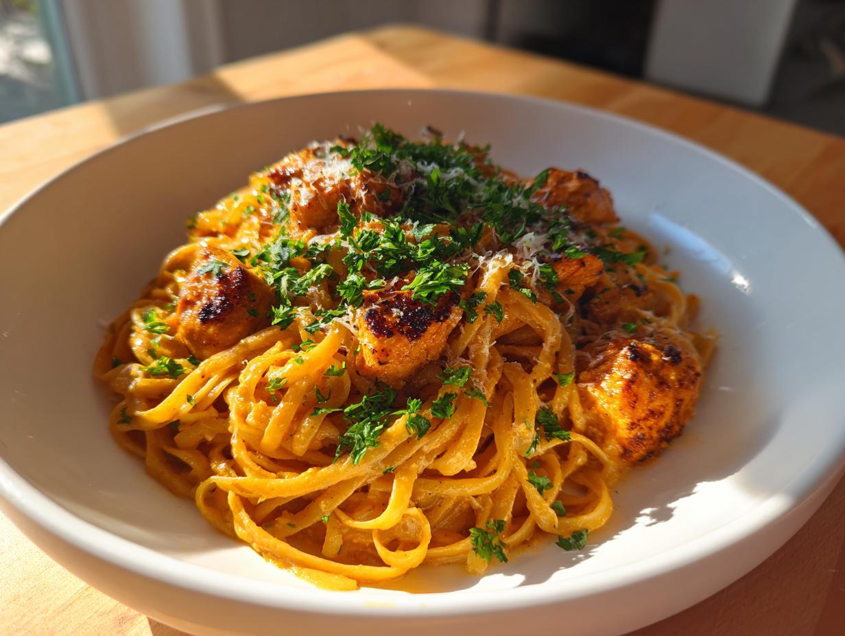 A close-up of creamy Cajun chicken pasta tossed with blackened chicken pieces, garnished with parsley and Parmesan.
