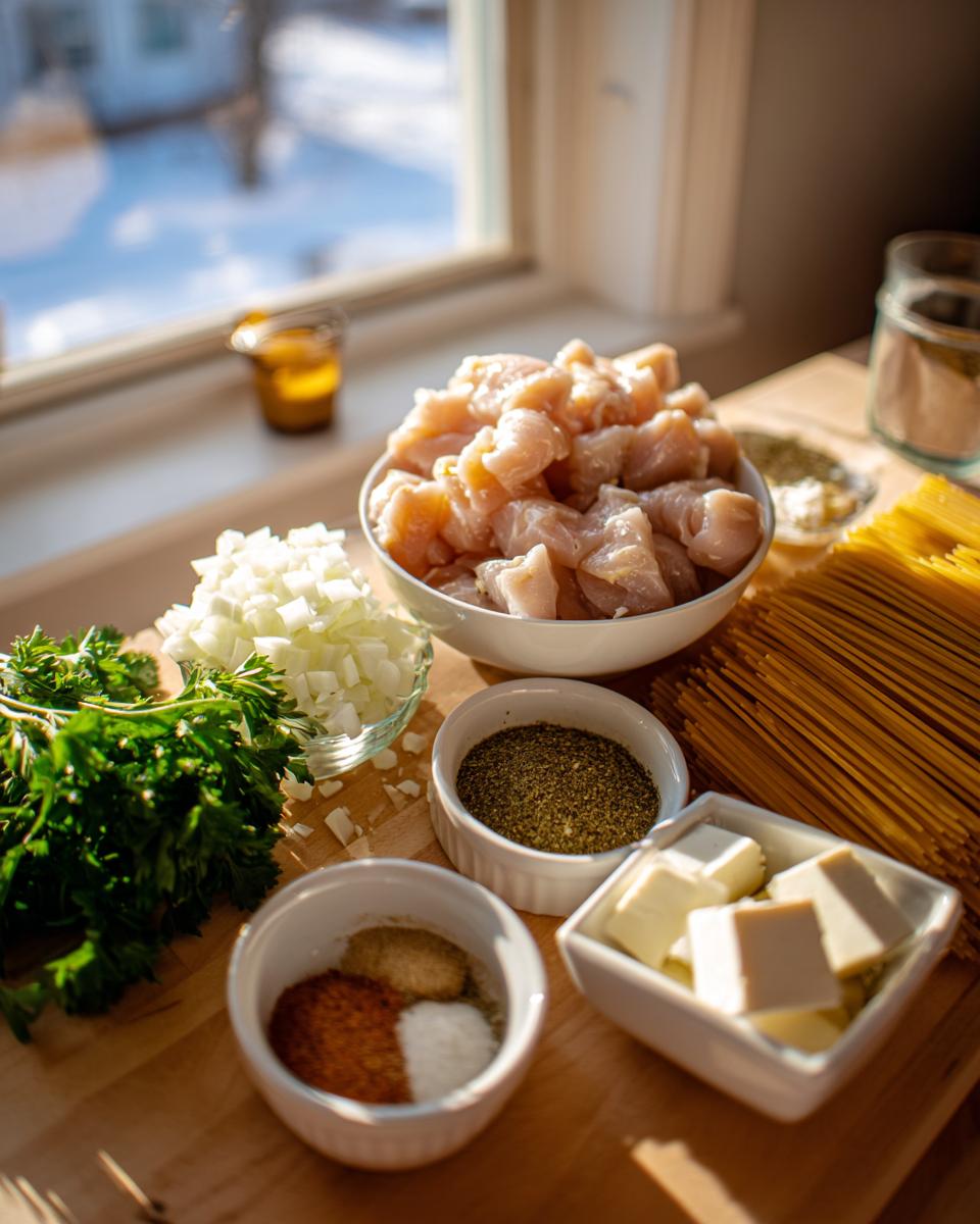 Mise en place ingredients including raw diced chicken, onions, spices, butter, and dry spaghetti for making cajun chicken pasta.
