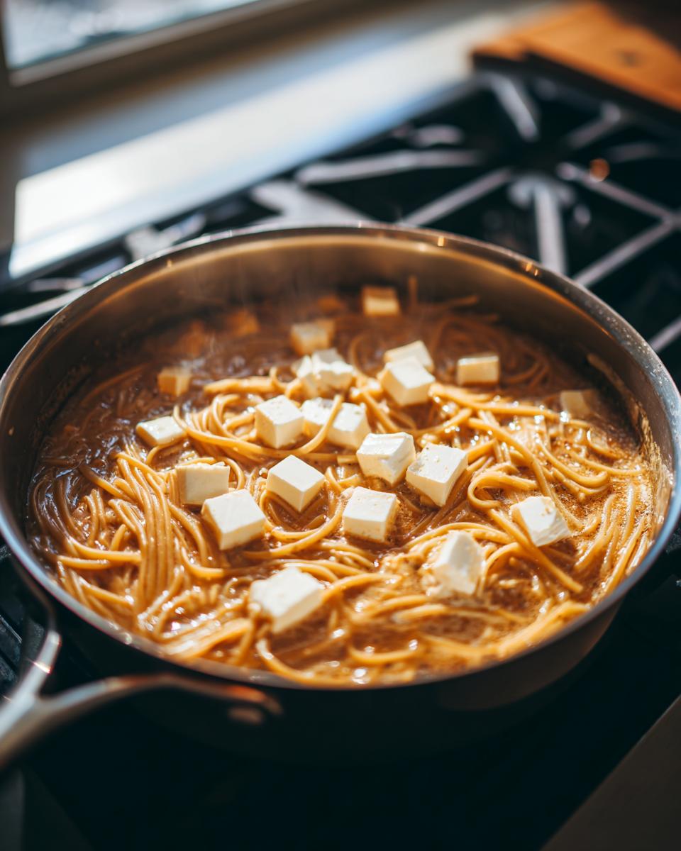 Close-up of spaghetti noodles simmering in a creamy sauce with cubes of cream cheese being added for Cajun chicken pasta.