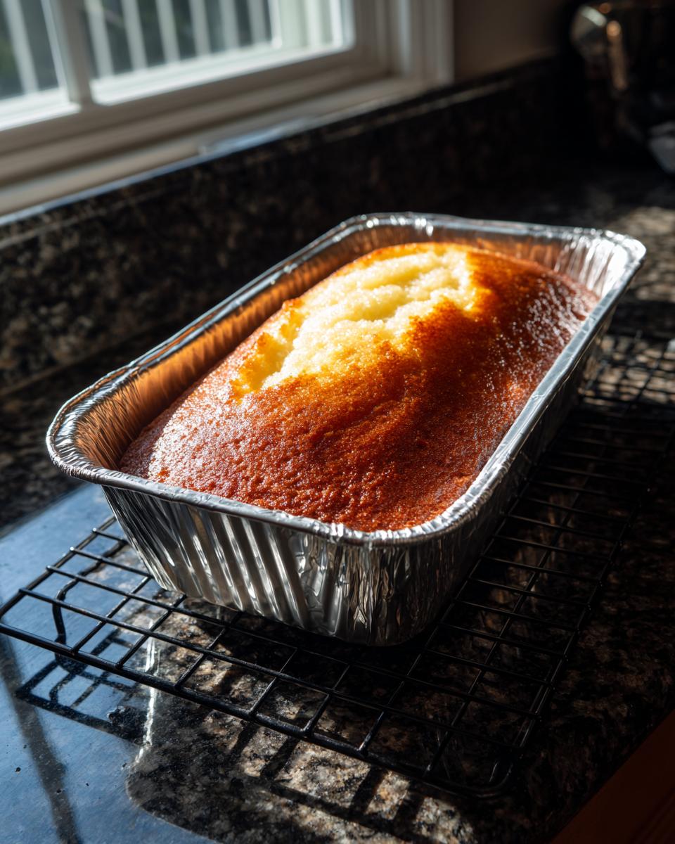 A golden brown cake baked in a disposable aluminum pan cooling on a wire rack, ready for the jello poke cake preparation.