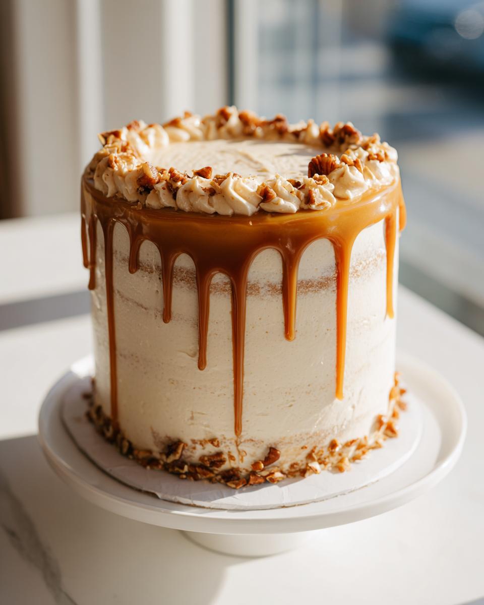 A beautiful three-layer caramel crunch cake featuring a shiny caramel drip and pecan topping.