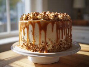 A beautiful three-layer caramel crunch cake covered in white frosting, dripping with caramel sauce, and coated with nuts.