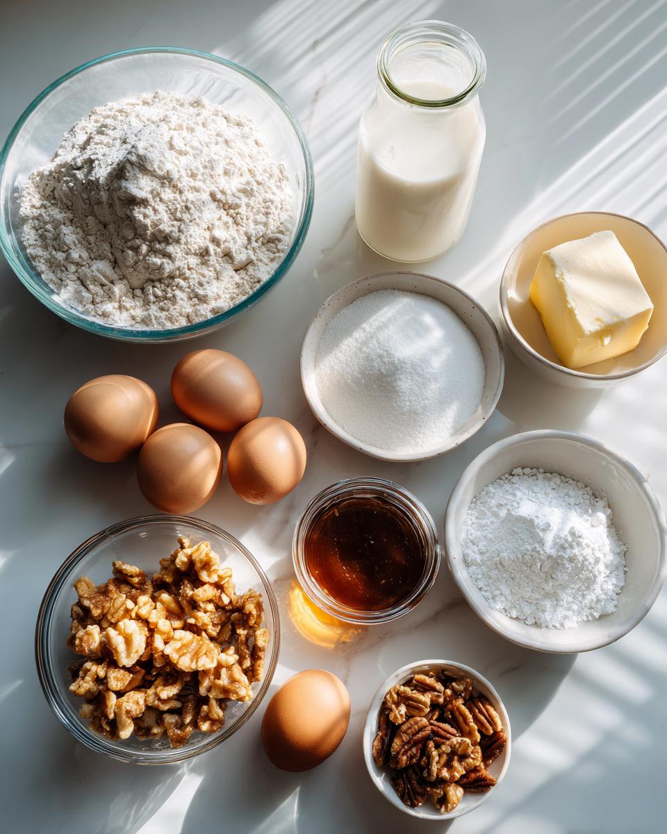 Overhead view of ingredients for caramel crunch cake including flour, eggs, butter, sugar, nuts, and caramel sauce.