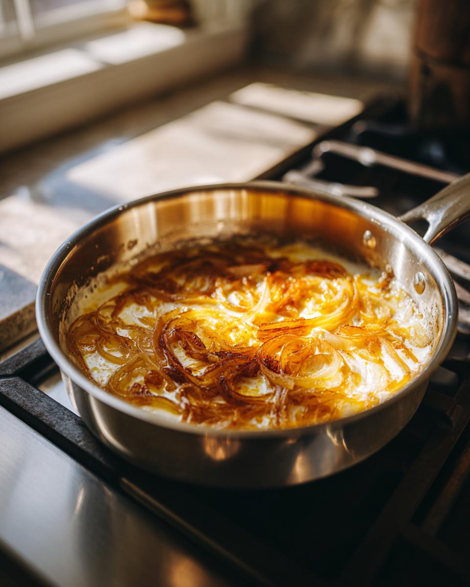 Caramelized onions simmering in a creamy sauce in a stainless steel pan, likely a topping for steak crostini.