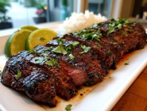 Juicy, grilled carne asada steak sliced and garnished with cilantro, served with lime wedges and rice.