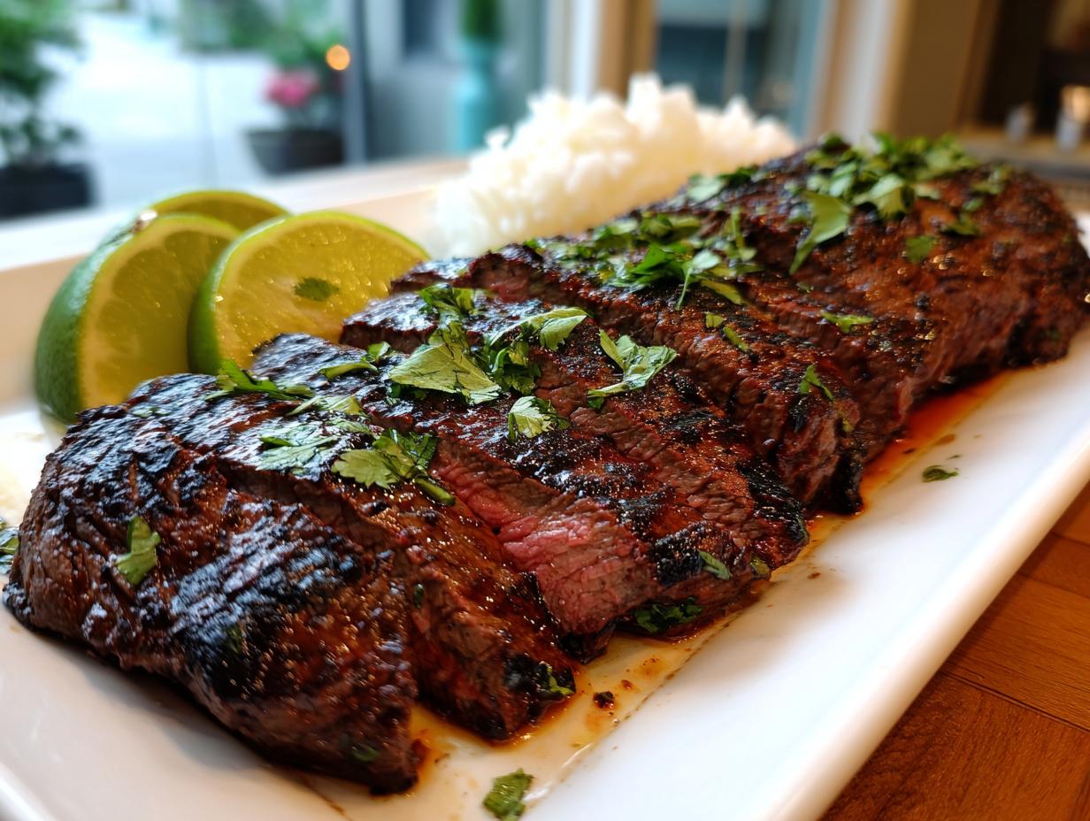 Juicy, grilled carne asada steak sliced and garnished with cilantro, served with lime wedges and rice.