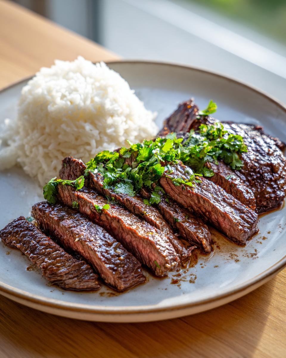 Slices of juicy carne asada steak, topped with cilantro, served next to white rice, showcasing the results of the carne asada marinade.