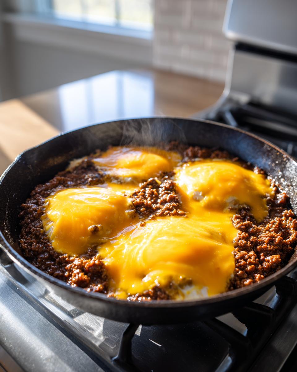 Four eggs topped with melted cheddar cheese cooking in seasoned ground beef, the base for a cheeseburger bowl.