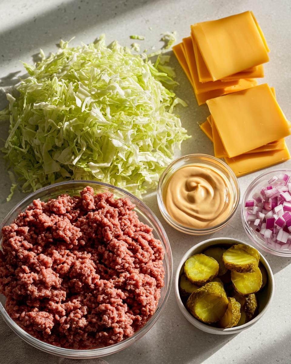 Overhead shot of raw ingredients for a cheeseburger bowl: ground beef, shredded lettuce, cheese slices, sauce, pickles, and onions.