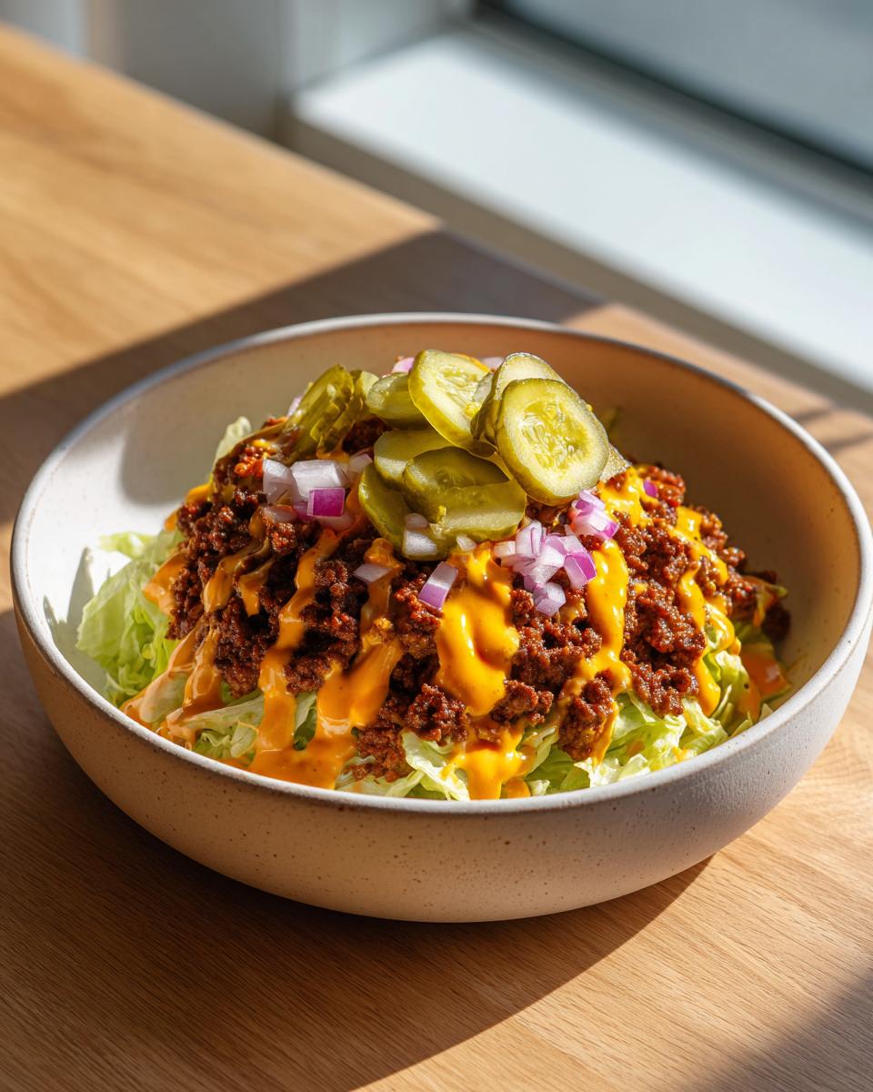 A close-up of a delicious cheeseburger bowl featuring seasoned ground beef, cheese sauce, pickles, and red onion over lettuce.