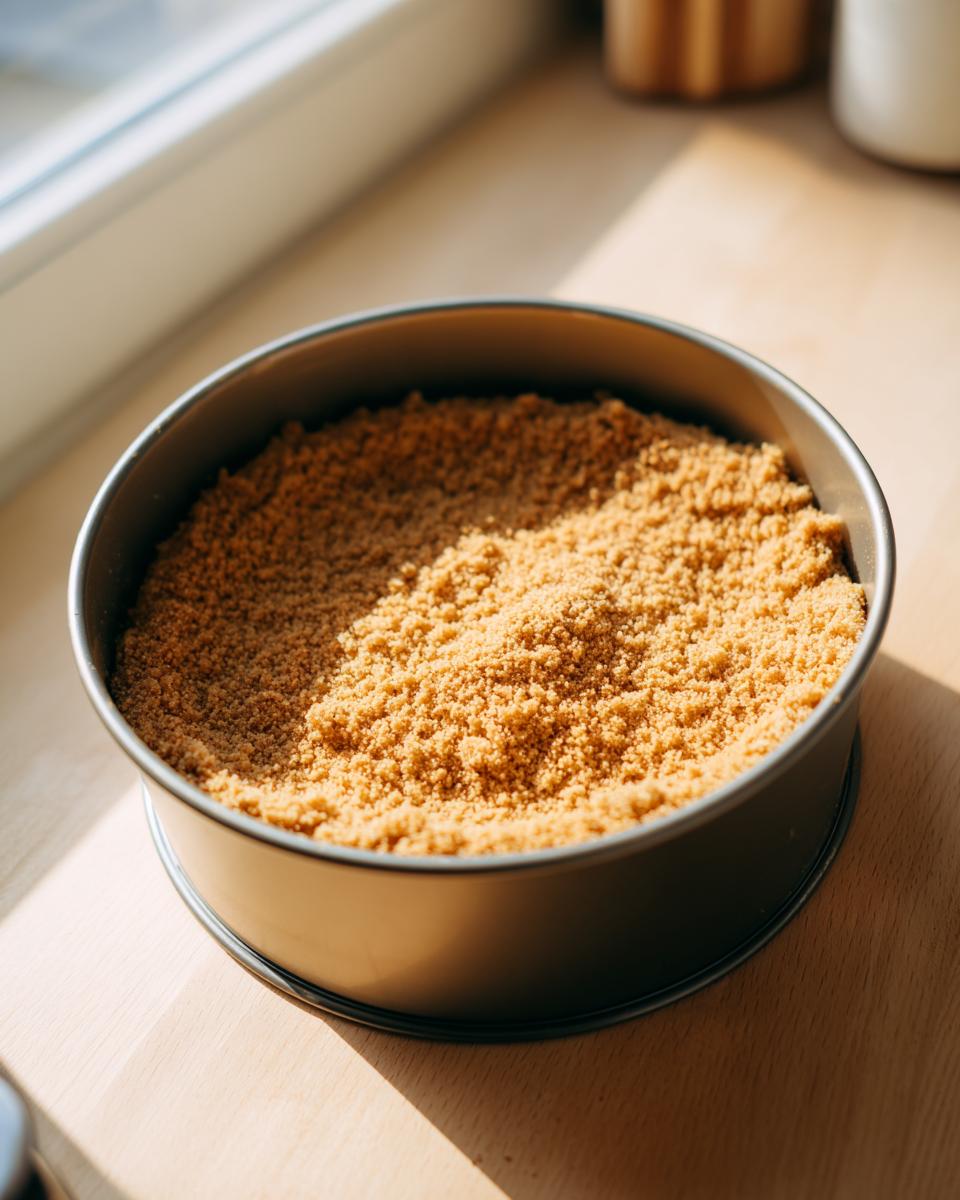 Unbaked graham cracker crust mixture pressed into the bottom of a springform pan for a cheesecake recipe.
