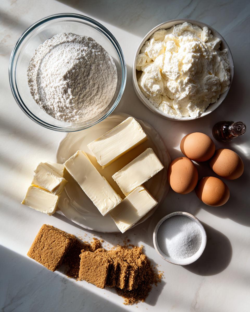 Overhead view of ingredients for a cheesecake recipe including flour, cream cheese, butter, eggs, sugar, and vanilla.