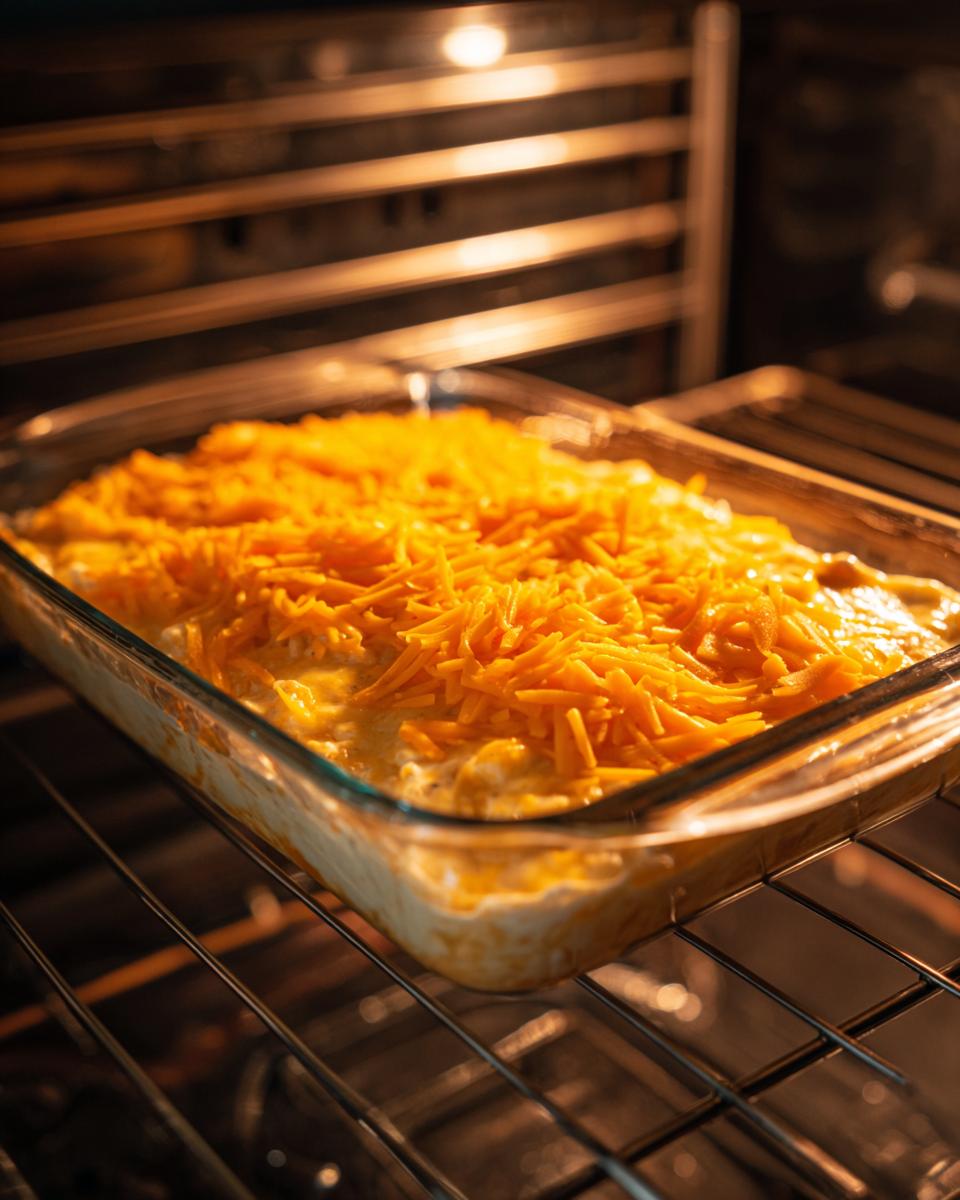 A glass baking dish filled with cheesy chicken and rice casserole, topped generously with shredded cheddar cheese, inside a warm oven.