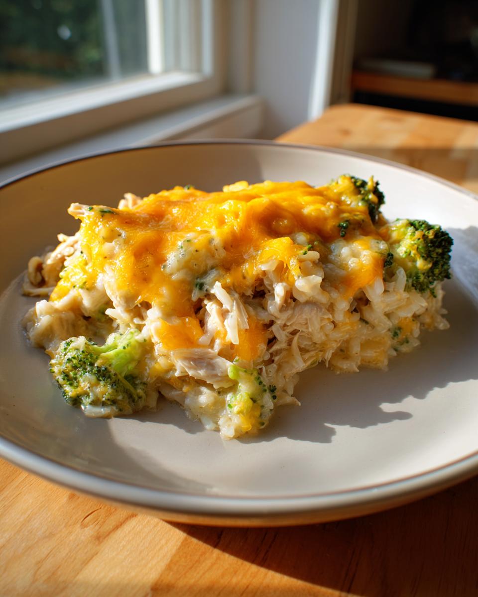 A warm serving of cheesy chicken and rice mixed with bright green broccoli florets, topped with melted cheddar cheese.